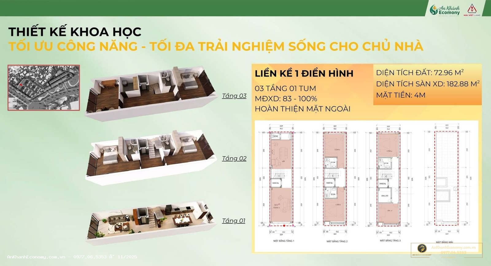 Thiết kế Liền kề 1 An Khánh Ecomony: 72.96 m² đất, 182.8 m² sàn, ban công rộng