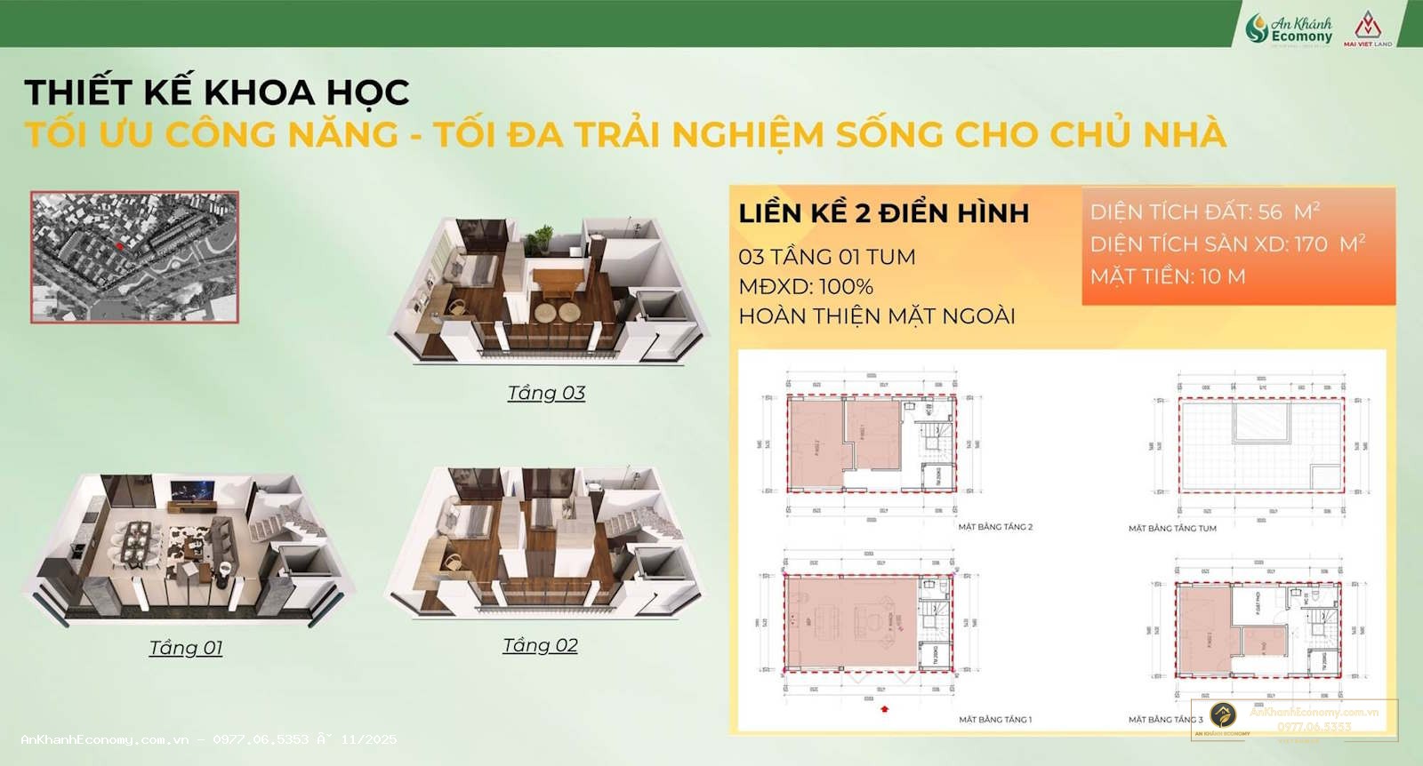 Thiết kế Liền kề 2 An Khánh Ecomony: 56 m² đất, 170 m² sàn, tối ưu công năng