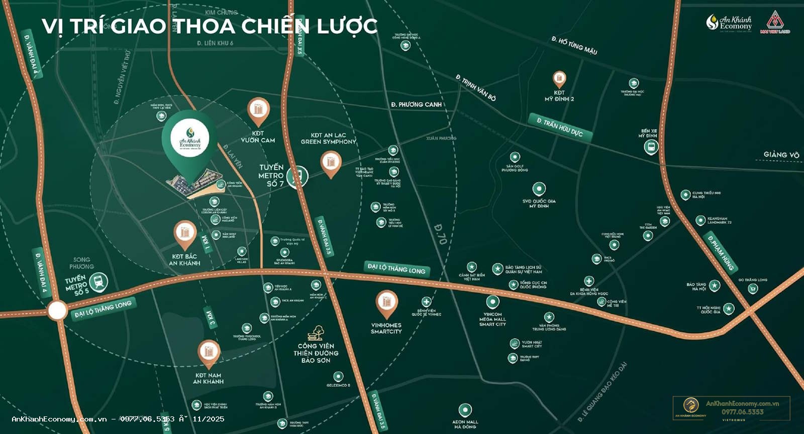 Bản đồ kết nối vùng An Khánh Ecomony: Đại lộ Thăng Long, Vành đai 3.5, Vành đai 4, Metro 5 & 7