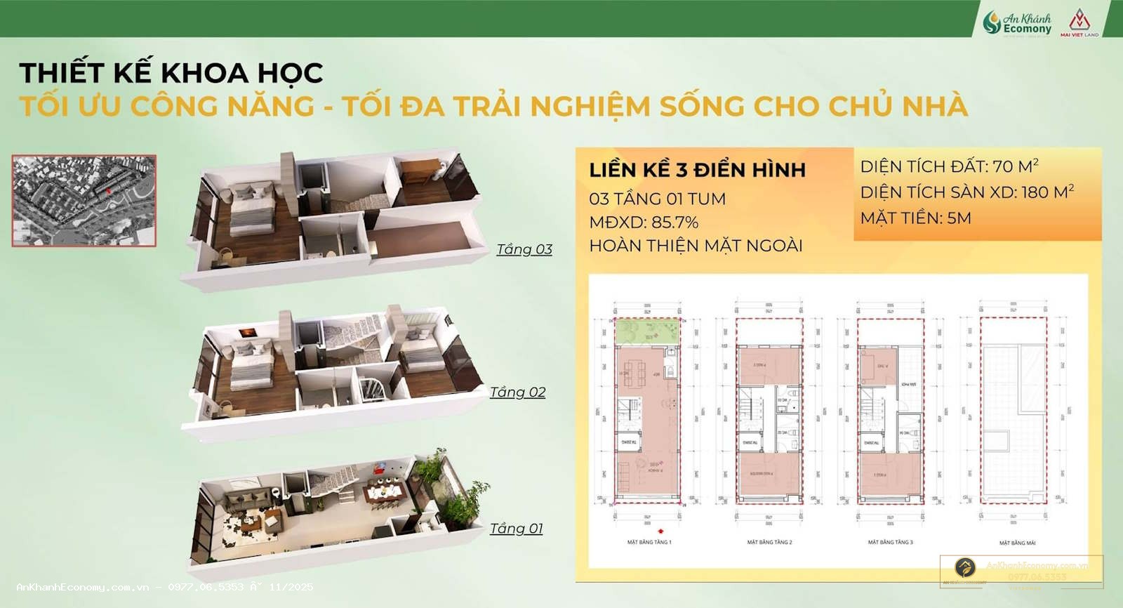 Thiết kế Liền kề 3 An Khánh Ecomony: 70 m² đất, 180 m² sàn, 3 tầng 1 tum