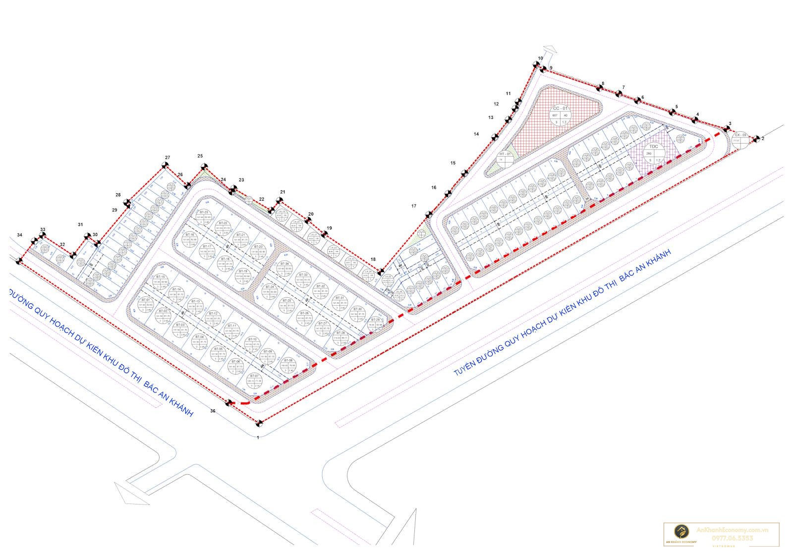 Tổng mặt bằng An Khánh Ecomony: 105 căn liền kề và biệt thự quy hoạch khoa học